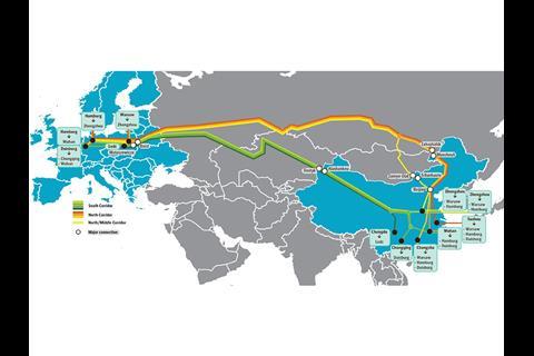 Map of UPS intermodal rail freight routes between China and Europe.